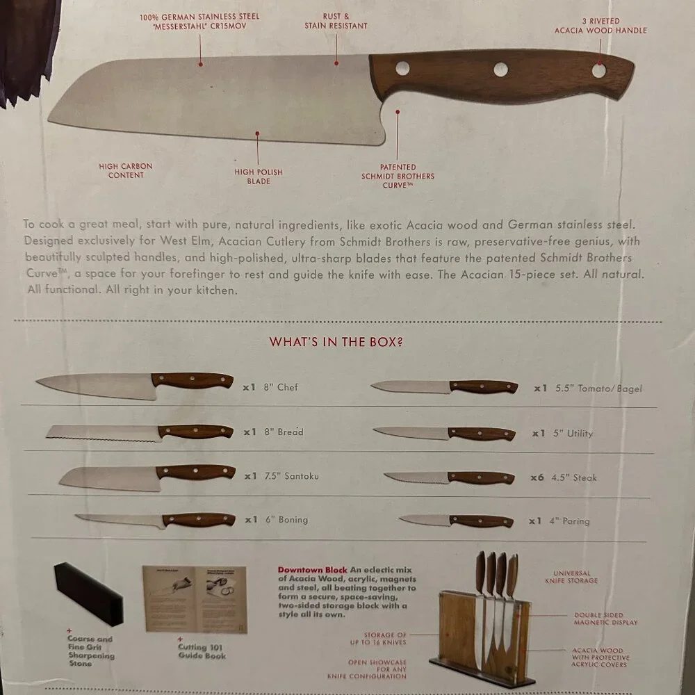 Schmidt Bros Acacian No. 3 Complete 15-Piece Knife Set w/ Magnetic Block & Box - Picture 2 of 13